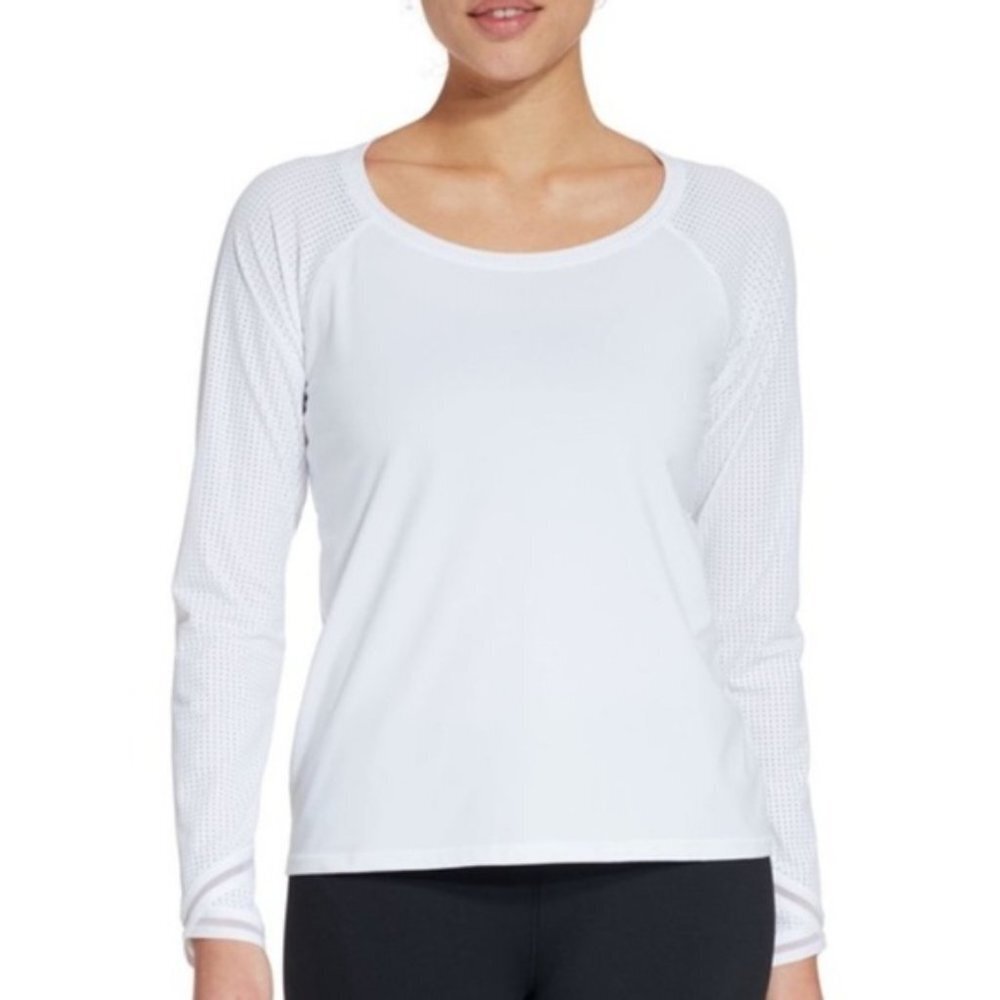CALIA by Carrie Underwood White Basic Crew Neck Long Mesh Sleeve T-Shirt P4334